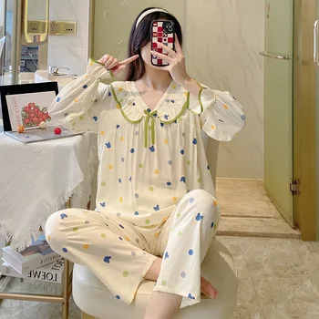 1 весенне-летняя пижама нового стиля, женские брюки с длинными рукавами из 40 хлопчатобумажных шелковых костюмов с V-образным вырезом и лепестками, качественная домашняя одежда