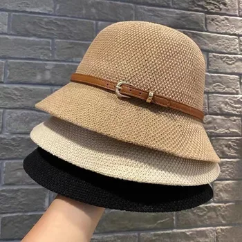 2023 Летняя Однотонная шляпа-панама с тесьмой для женщин, Дышащая Пляжная шляпа, Вязаные Рыбацкие кепки с куполом, женская Солнцезащитная кепка