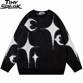 2023 Мужской Уличный свитер с изображением Звезды и Луны Вязаный свитер в стиле хип-хоп, Пуловер, Хлопковый свитер Harajuku, Мягкий Y2K, Черный, Серый