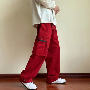 2023 Новые Красно-черные хлопчатобумажные брюки-карго, мужские Модные повседневные брюки с карманами, мужская Японская уличная одежда в стиле хип-хоп, Свободные прямые брюки