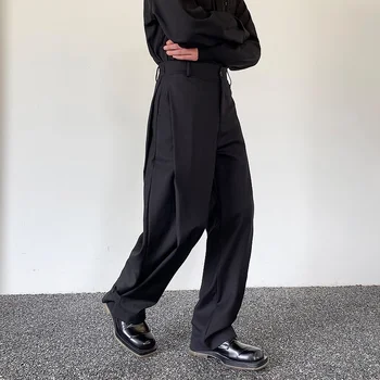 2023 Осенние уникальные дизайнерские брюки с регулировкой складки и пряжки, мужские повседневные свободные черные широкие брюки для мужчин trousera, размер M-XL