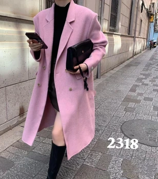 2023 осень зима розовые элегантные шерстяные пальто женские свободные модные длинные пальто с отложным воротником корейские двубортные длинные пальто