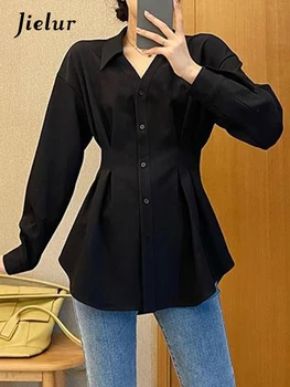 Jielur Новая Шикарная женская рубашка с тонкой талией, Французский стиль, однобортное поло, Модная женская уличная одежда, Базовая Офисная Леди