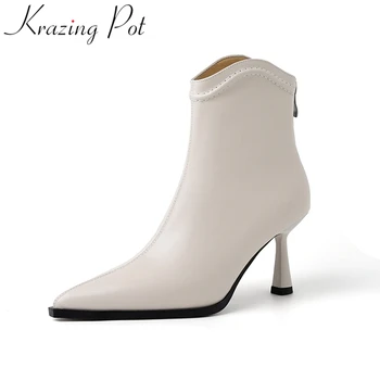 Krazing Pot, модные современные ботинки с острым носком на высоком каблуке и молнии, теплый размер 40, Офисная женская зимняя обувь, вечерние однотонные ботильоны
