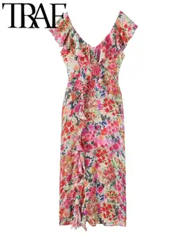 TRAF Женское модное платье с принтом, повседневные тонкие платья Миди без рукавов с V-образным вырезом и открытой спиной, Vestidos Robe Party 2023