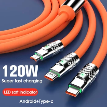 USLION 120 Вт 6A 3в1 Кабель Для Быстрой Зарядки Micro USB Lightning Type-C Силиконовый Кабель Для Передачи Данных Для iPhone Samsung Huawei Xiaomi
