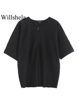 Willshela/ Женские модные Черные плиссированные футболки на молнии спереди, винтажные топы с круглым вырезом и короткими рукавами, Шикарные женские топы