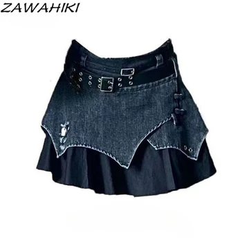 Y2K Эстетическая нерегулярная джинсовая короткая юбка в стиле пэчворк, женская летняя новинка, американский Ретро, Хай-стрит, трапециевидные оборки, панк-шик, Faldas