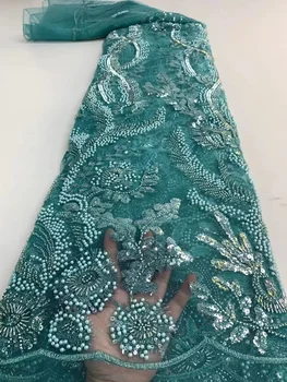Африканский тюль с блестками, кружевная свадебная роскошь, хрустальные бусины ручной работы, Нигерийская сетка Sequence 2023, Французская сетчатая ткань из синего бисера.
