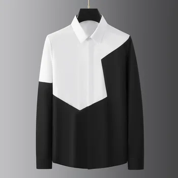 Брендовая осенняя Черно-белая Мужская рубашка в стиле пэчворк с длинными рукавами, роскошная мужская повседневная деловая рубашка, хлопковая блузка-смокинг для светской вечеринки