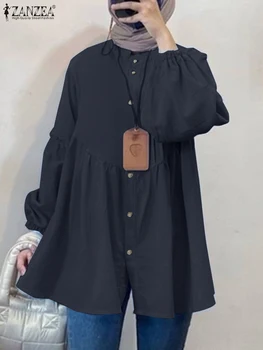 Винтажная Однотонная мусульманская блузка с длинным рукавом, Женская осенняя рубашка 2023 года, ZANZEA, модные повседневные топы с оборками, Дубай, Турция, Abaya Blusas
