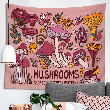 Винтажный гобелен 70-х, висящий на стене, заводные иллюстрации с психоделическими грибами, Искусство красочных цветов в стиле хиппи, декор общежития, домашний декор