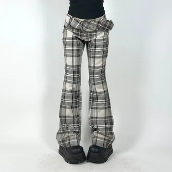 Готическая клетчатая готическая уличная одежда, Узкие брюки с поясами, Эстетическая мода в стиле Гранж, Брюки Y2k, женские брюки повседневного кроя в стиле панк