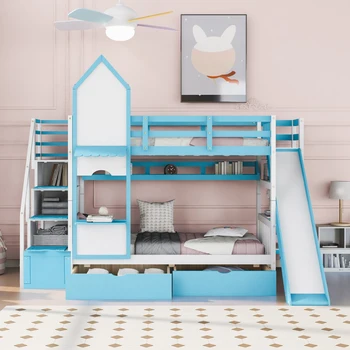 Двуспальная кровать-двуспальная кровать в стиле замка, двуспальная кровать, 2 выдвижных ящика, 3 полки, односпальная кровать, детская кровать, с ящиками для хранения, горка