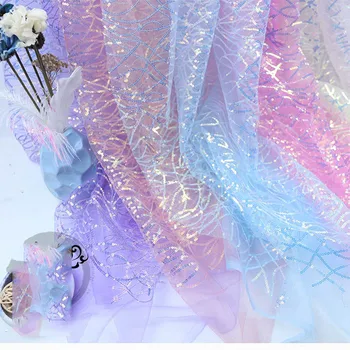Декоративная ткань с пайетками По метру для сцены, блестящая свадебная ткань для шитья, Тонкая бело-голубая зашифрованная сетка в полоску