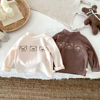Детская плюшевая нижняя рубашка с полувысоким воротником от 0 до 6 лет, осенние теплые топы с медвежонком для мальчиков, весенняя одежда для девочек, детские футболки