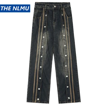 Джинсовые брюки с разрезом на пуговицах, винтажные Свободные Мешковатые Прямые джинсы, мужские черные синие джинсы в стиле харадзюку, уличная одежда в стиле хип-хоп, Джинсовые брюки