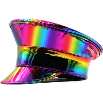 Женская кожаная военная шляпа, новинка, блестящая праздничная шляпа, фуражка капитана-сержанта для сценической вечеринки, Карнавальная кепка для взрослых