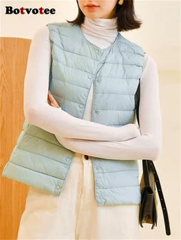 Женская куртка на белом утином пуху, осень-зима 2023, новые повседневные жилеты, шикарное однобортное пальто без рукавов со стоячим воротником