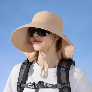 Женская летняя шляпа-ведро с большими полями, солнцезащитная шляпа, женские пляжные шляпы, кепка с конским хвостом, защита от ультрафиолета на шее, Велосипедная Рыбацкая шляпа