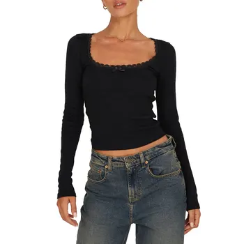 Женская футболка с длинным рукавом и квадратным вырезом, кружевные лоскутные облегающие осенние топы, уличная одежда
