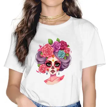 Женская футболка с изображением девушки и розы, мексиканский череп, День мертвых, футболки для девочек, топы из полиэстера в стиле харадзюку, футболка y2k Fashion