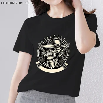 Женская футболка с рисунком черепа в уличном стиле, с круглым вырезом, женская готическая тонкая повседневная футболка для пригородных поездок, базовый черный топ