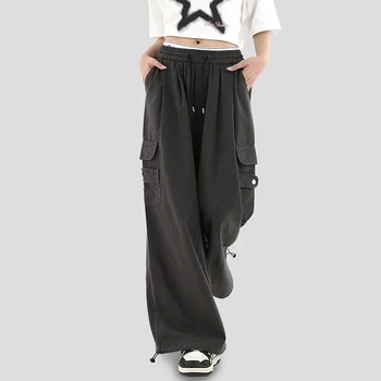Женские брюки-карго HOUZHOU с широкими штанинами, брюки-карго оверсайз, свободная повседневная женская японская уличная одежда в стиле хип-хоп