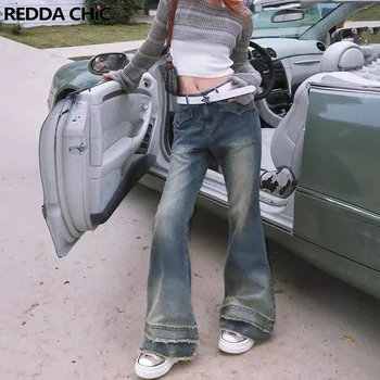 Женские джинсы-клеш REDDACHiC 90-х, винтажные потертые джинсы-клеш с заниженной талией, джинсовые брюки в стиле пэчворк, брюки-клеш Acubi