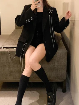 Женские куртки Harajuku, Черный Готический панк, хип-хоп, Однотонный винтажный блейзер, пальто, женская Шикарная свободная куртка с цепочкой, Уличная одежда