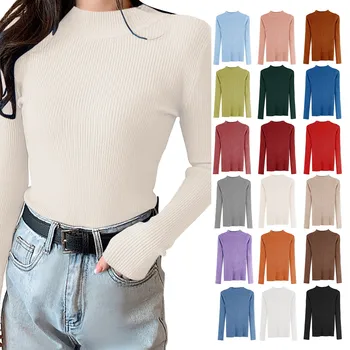 Женский весенне-осенний свитер для отдыха Slim Fit, свободный вязаный пуловер в полоску с длинным рукавом, круглым вырезом и полупрозрачным воротником, тонкий