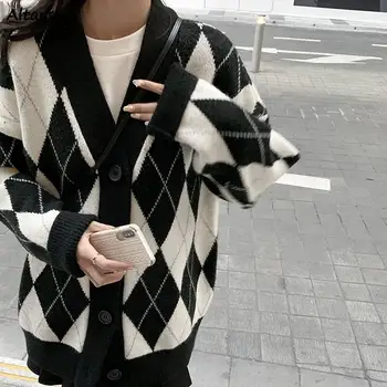 Женский кардиган свободного кроя с V-образным вырезом, простая модная элегантная универсальная уличная одежда в корейском стиле, удобный мягкий клетчатый красочный свитер