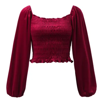 Женский осенний французский Элегантный Винтажный бархатный пуловер с квадратным вырезом, Темпераментный Однотонный пуловер с длинными рукавами-фонариками