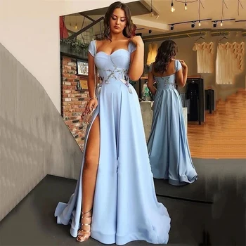 Женское вечернее платье из атласа премиум-класса Blue Sweetheart с коротким рукавом, трапециевидное вечернее платье с высоким разрезом и юбкой в пол, Vestidos с открытой спиной