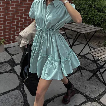 Женское летнее винтажное мини-платье-рубашка с поясом на завязках, воротник с лацканами, подол с рюшами, короткий сарафан трапециевидной формы в корейском стиле
