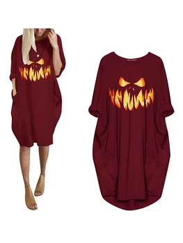 Женское платье для сна на Хэллоуин, Свободный вырез, длинный рукав, Гримаса, карман на боку, платье для сна, ночная рубашка