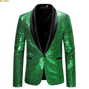 Зеленый блейзер с блестками и черным воротником, мужской фрак для свадебной вечеринки, Синий мужской пиджак, размеры S, M, L, XL, XXL