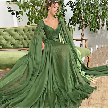 Изготовленные на заказ Элегантные Зеленые арабские женские вечерние платья с длинными рукавами-накидками и V-образным вырезом для вечеринок для матери