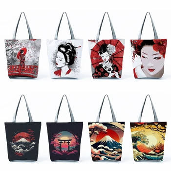 Индивидуальные сумки с принтом Ukiyoe, женские сумки-тоут большой вместимости, сумки для покупок в японском стиле, модные дорожные пляжные сумки