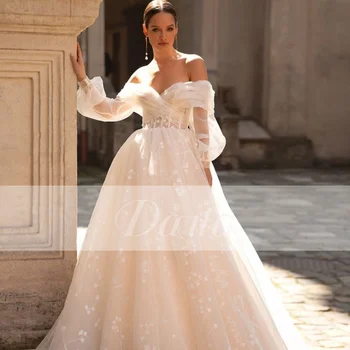 Классические свадебные платья Трапециевидной формы из кружевного тюля с пышными рукавами в виде сердца, свадебные платья с иллюзионной вышивкой Vestido de Novia На заказ