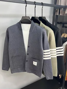 Классический вязаный кардиган в полоску от элитного бренда 2023, весна-осень, новая модная шаль, Корейский повседневный вязаный свитер, мужское пальто