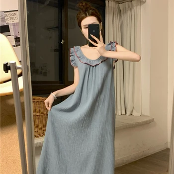 Корейская синяя Летняя ночная рубашка Женская с круглым вырезом и оборками, Длинная пижама, Свободное Повседневное Хлопковое ночное платье, милое Простое платье с открытой спиной