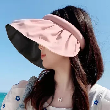 Корейские солнцезащитные шляпы с широкими полями, Черные Женские Солнцезащитные кепки с клеевым кремом, Солнцезащитные кепки, складной обруч для волос, Женские шляпы, кепки