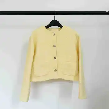 Короткое пальто из желтого твида, женское пальто с круглым вырезом и длинными рукавами, простая женская повседневная куртка ранней осени 2023 г.