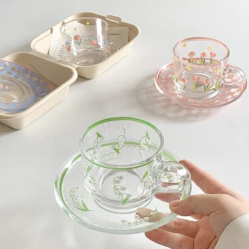 Креативный набор кофейных чашек и блюдец, Корейские чашки, ручная роспись, Кофейная кружка с цветочным растением, Домашняя кухня, Посуда для напитков, Чашки для эспрессо