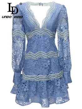 Летнее модное дизайнерское пляжное платье LD LINDA DELLA, женское синее платье с V-образным вырезом и принтом, сексуальное свободное мини-платье с разрезом