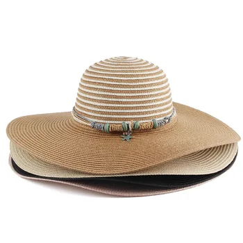 Летние шляпы для женщин с нашивкой в полоску, панама, соломенная шляпа, женская солнцезащитная кепка для путешествий на пляже, Дизайнерская шляпа
