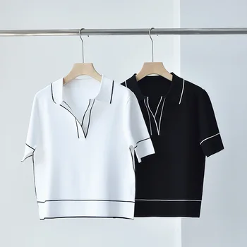 Летняя женская новинка 2023 года, модная трикотажная футболка с короткими рукавами в черно-белую полоску, подходящая по цвету.