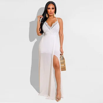 Макси-платье WUHE на бретельках с V-образным вырезом длиной до пола, белое кружевное лоскутное женское платье с открытой спиной в стиле пэчворк, Vestidos, Пляжный стиль