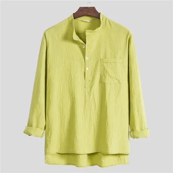 Модная мужская льняная рубашка из дышащего льна С воротником-стойкой, однотонный цвет, длинный рукав цвета Авокадо зеленого цвета